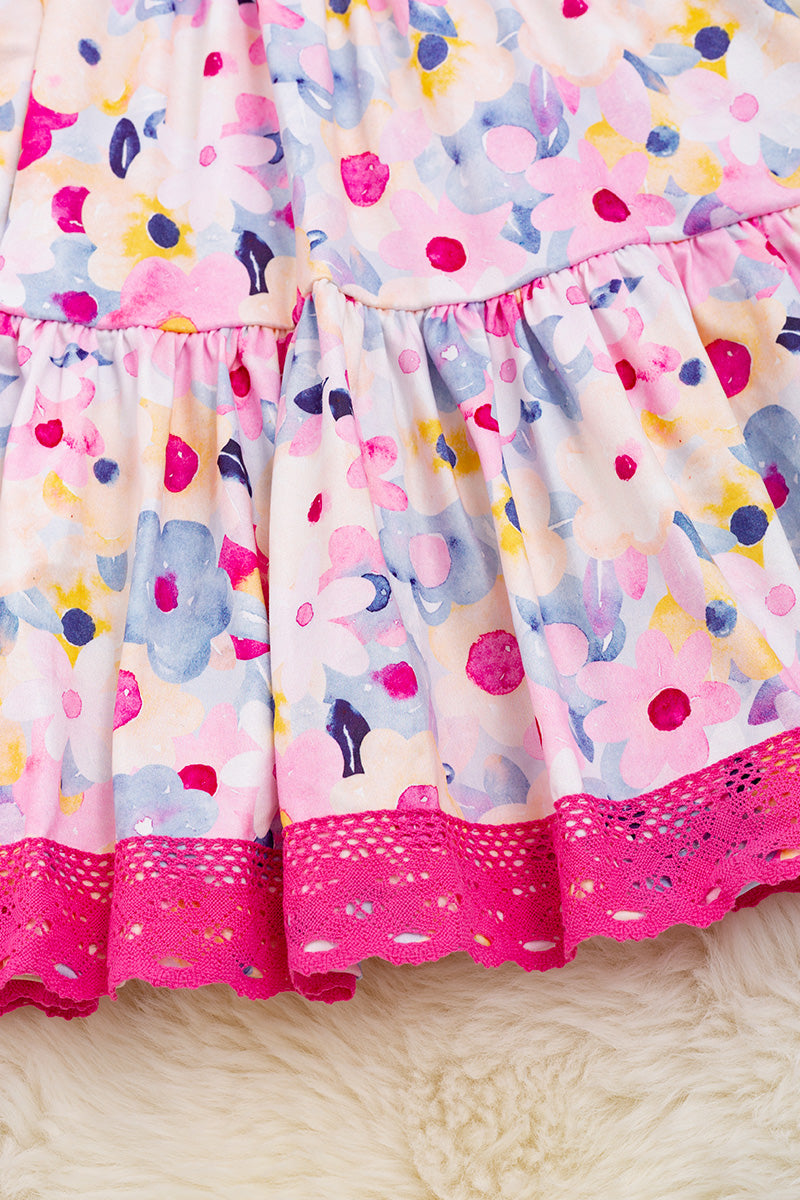 Fuchsia detail on floral printed flare dress
