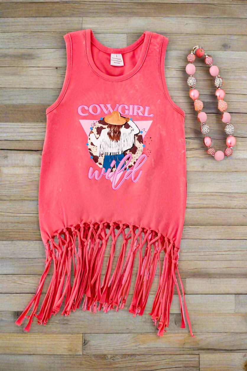 "Cowgirl Wild" Pink tank top w/ fringe
