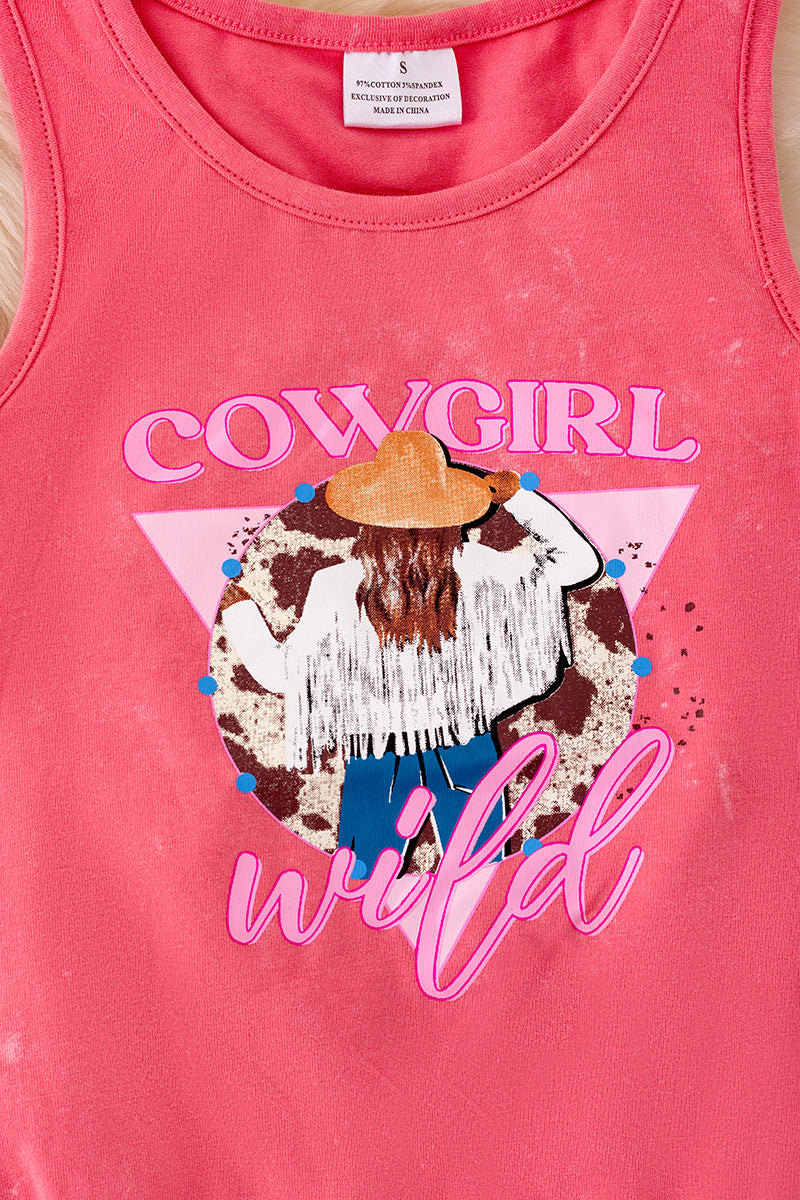 "Cowgirl Wild" Pink tank top w/ fringe