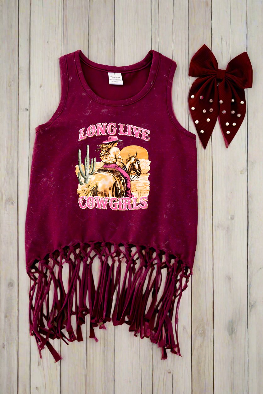 "Long Live Cowgirls" Maroon tank top w/ fringe