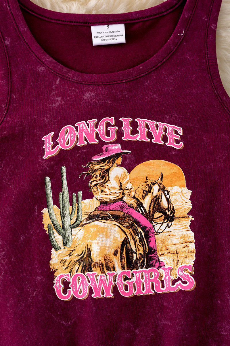 "Long Live Cowgirls" Maroon tank top w/ fringe