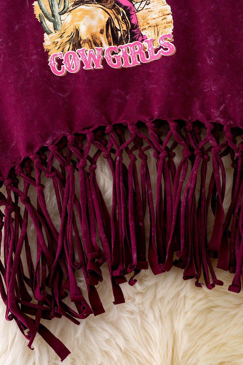 "Long Live Cowgirls" Maroon tank top w/ fringe