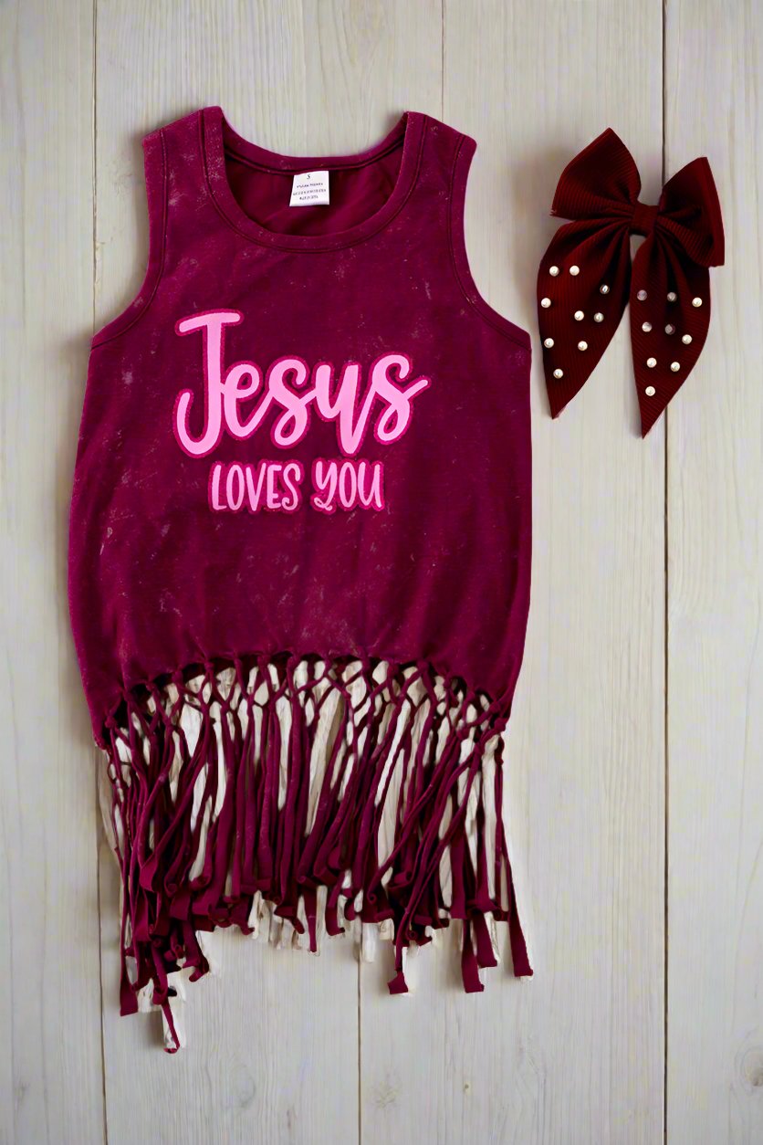 "Jesus Loves You" Maroon tank top w/ fringe