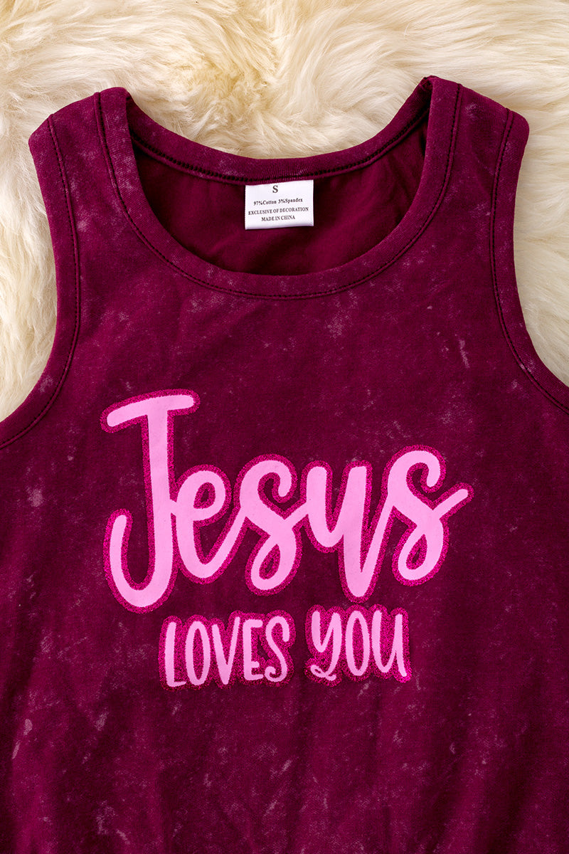 "Jesus Loves You" Maroon tank top w/ fringe