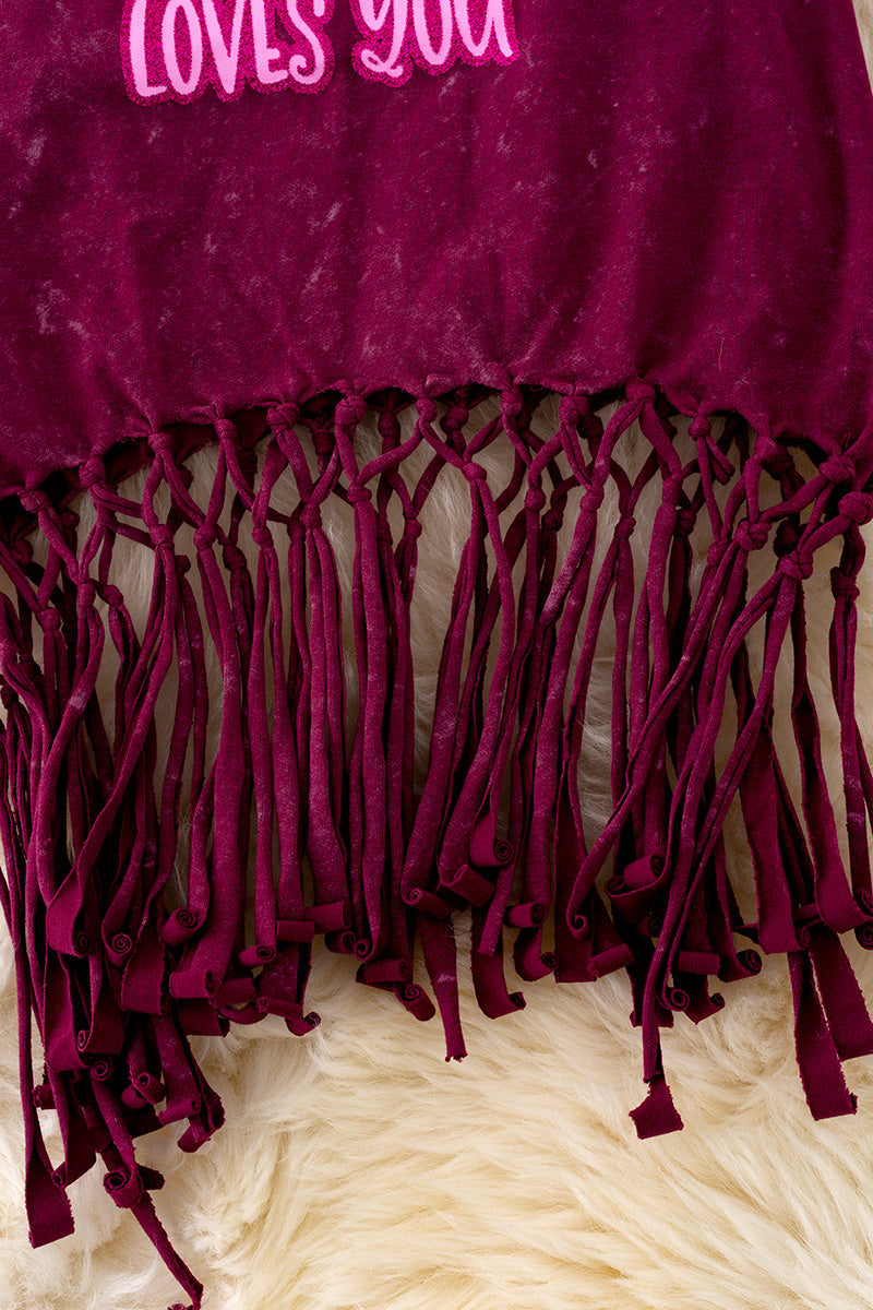 "Jesus Loves You" Maroon tank top w/ fringe