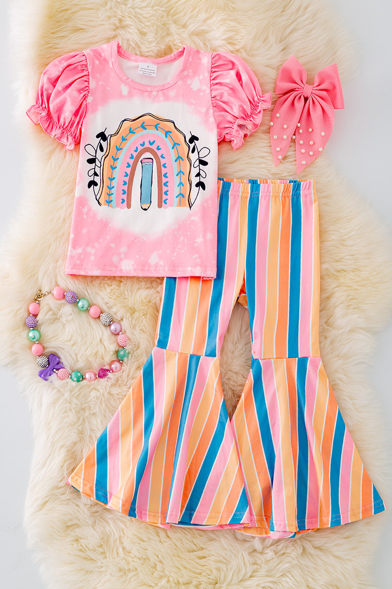 Girls back to school rainbow tee and stripe pants.