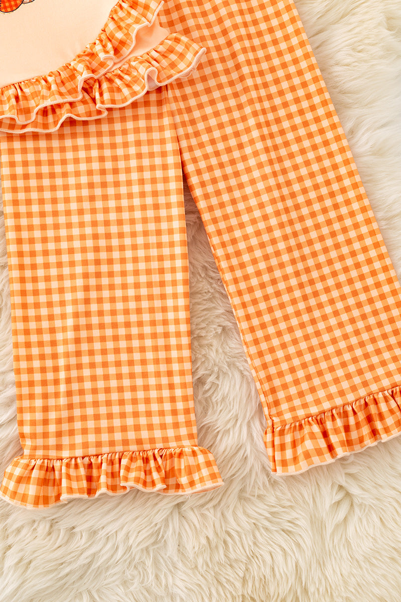 "Thankful" pumpkin printed girls tunic & gingham pants. OFG61529 -A-