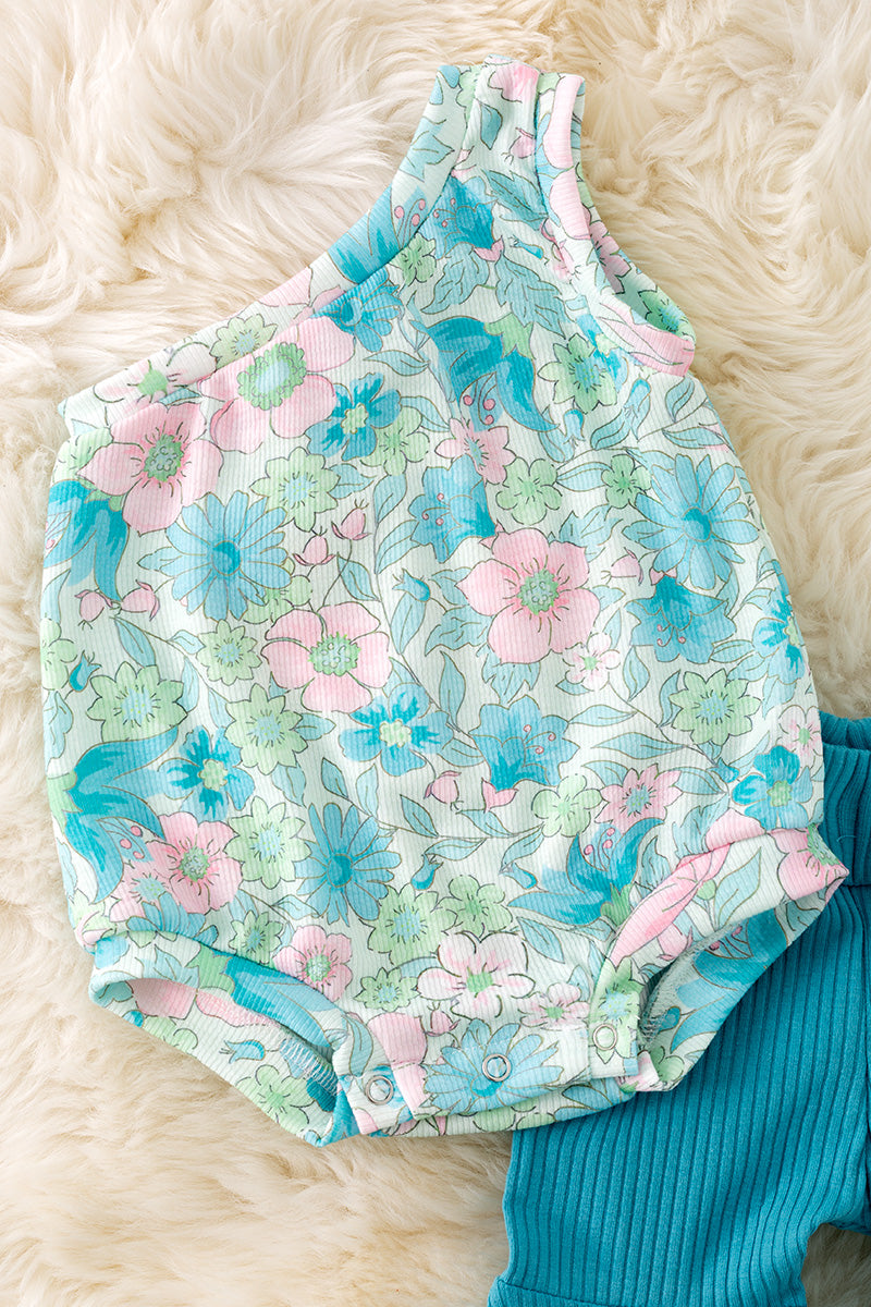 Turquoise Floral cold shoulder ribbed onesie & ribbed bell bottoms.