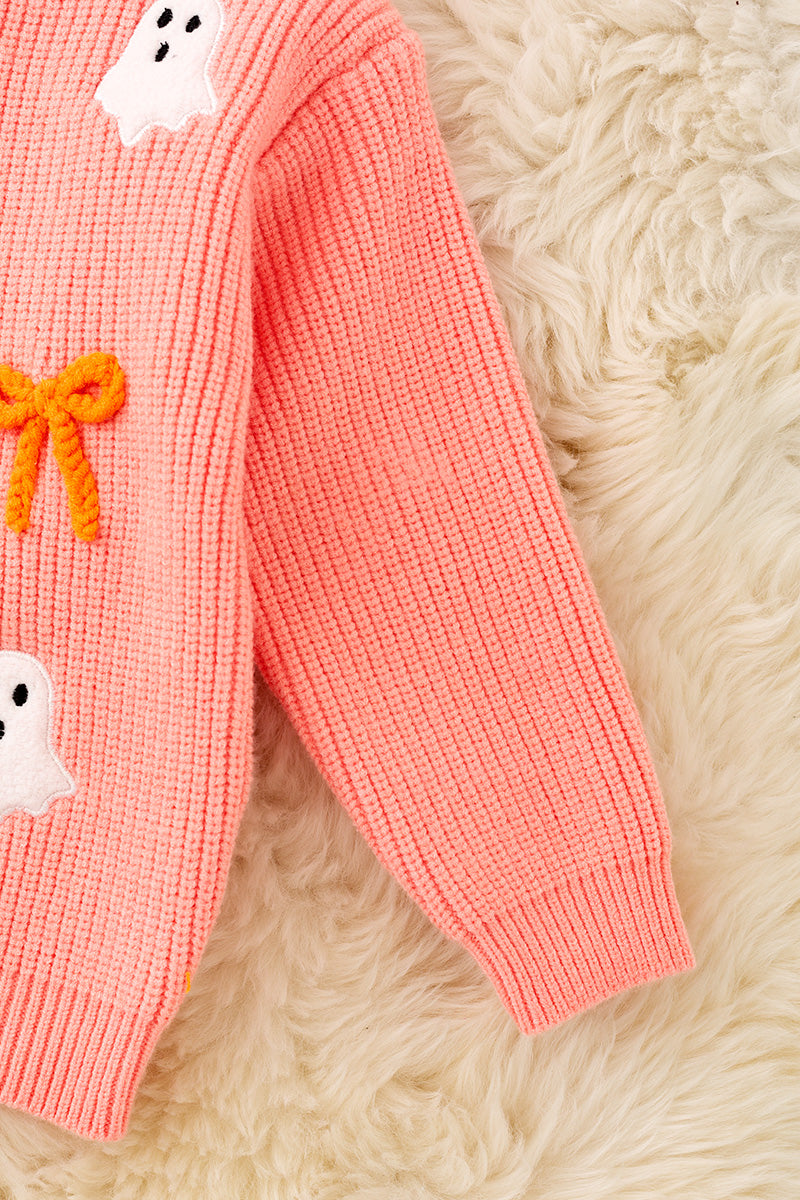 Ghost applique and orange embroidered bow on Coral knitted sweater. TPG60457 -M-