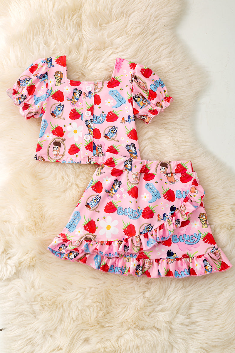 Raspberry printed on pink girls 2 piece set.