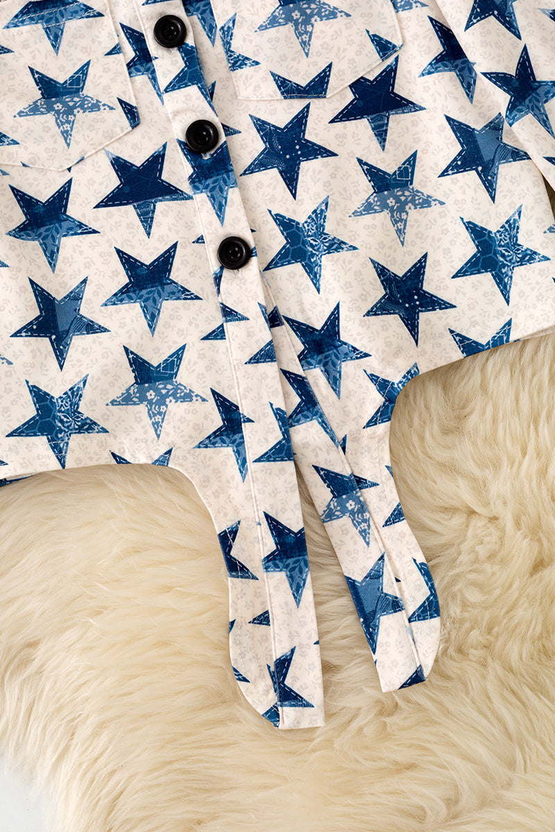 Girls Navy blue star printed girls long sleeve button up shirt. TPG60405 -S-