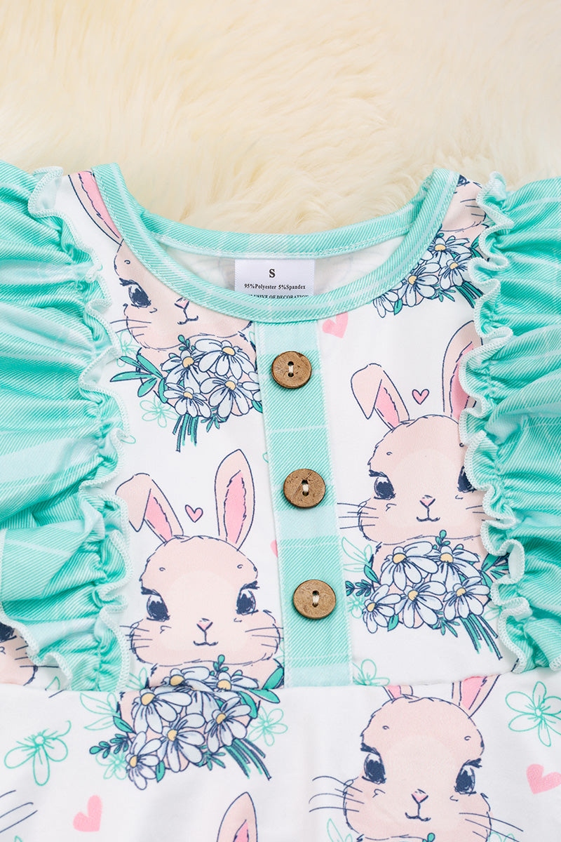 Easter bunny print dress w/ mint hem