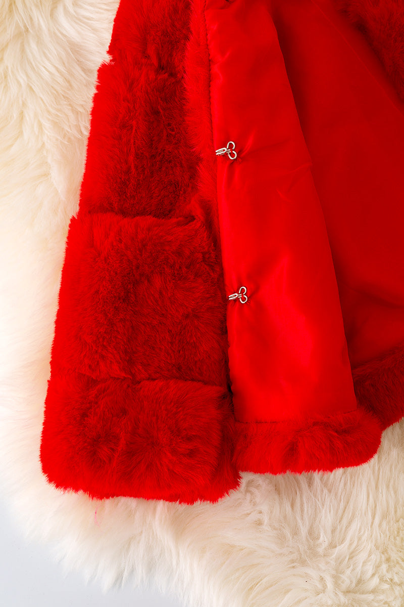 Red faux fur cozy jacket.