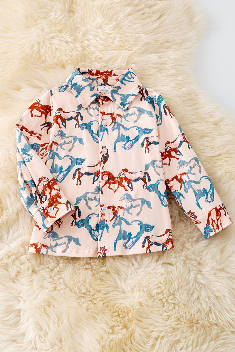 Horse printed on cream long sleeve button up shirt. TPB50365