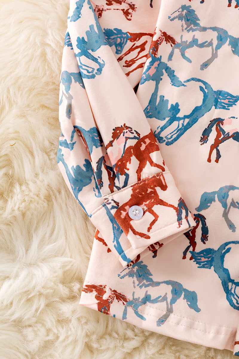 Horse printed on cream long sleeve button up shirt. TPB50365