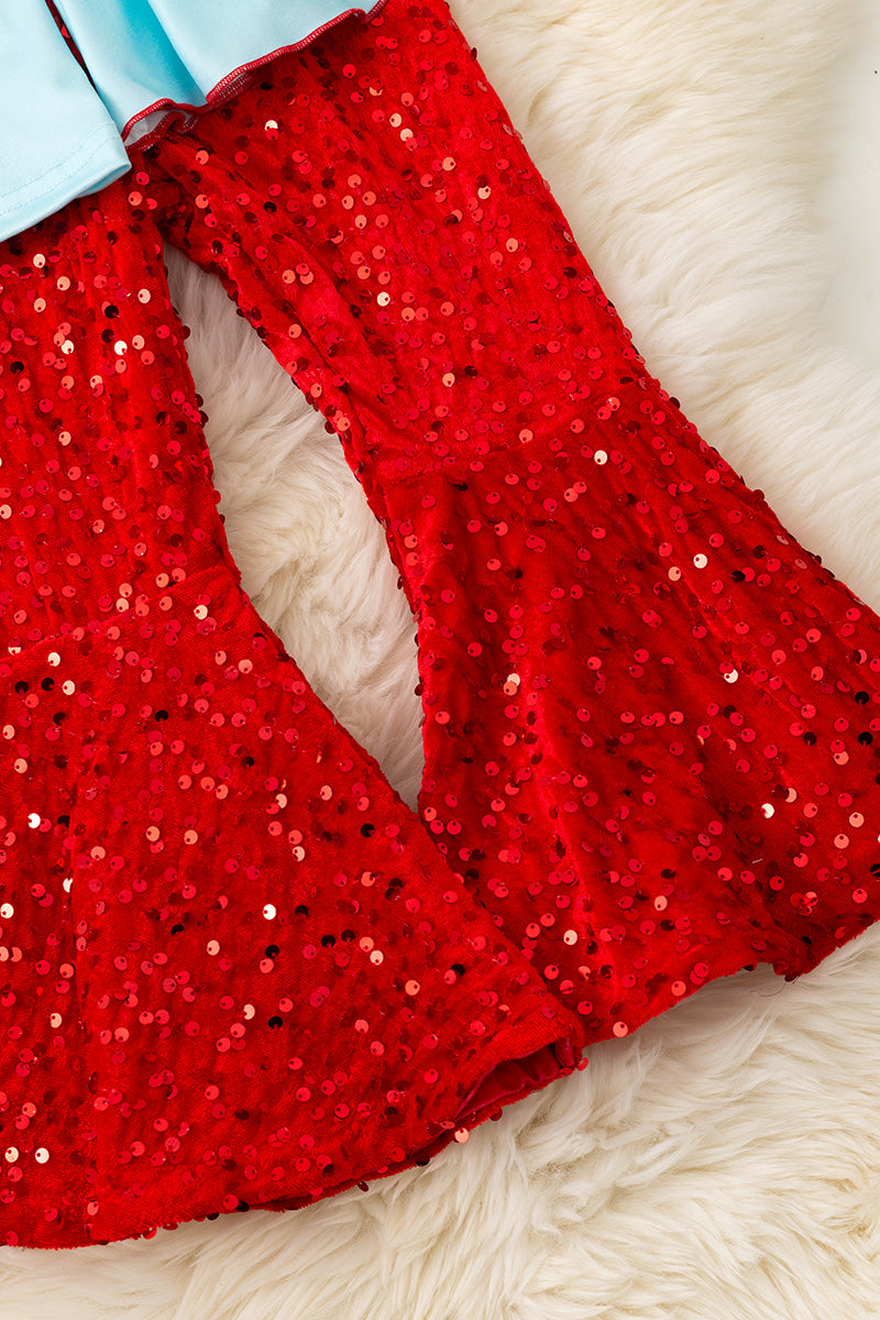 Love lt. blue bell sleeve top and red sequins bell bottoms