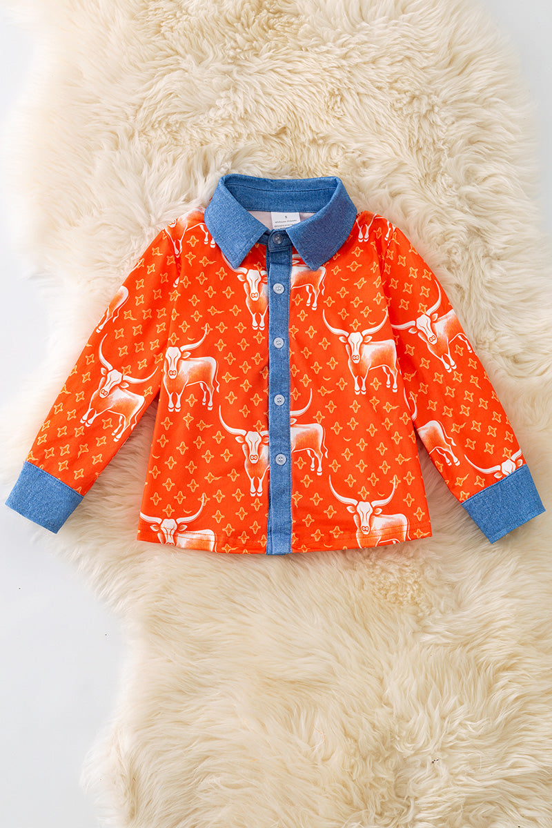 Orange Long horn printed button up shirt. TPB50363