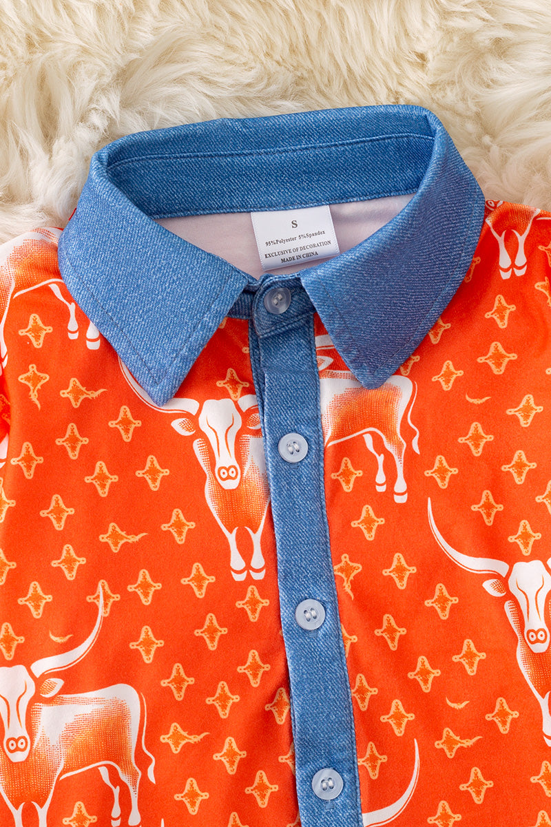 Orange Long horn printed button up shirt. TPB50363