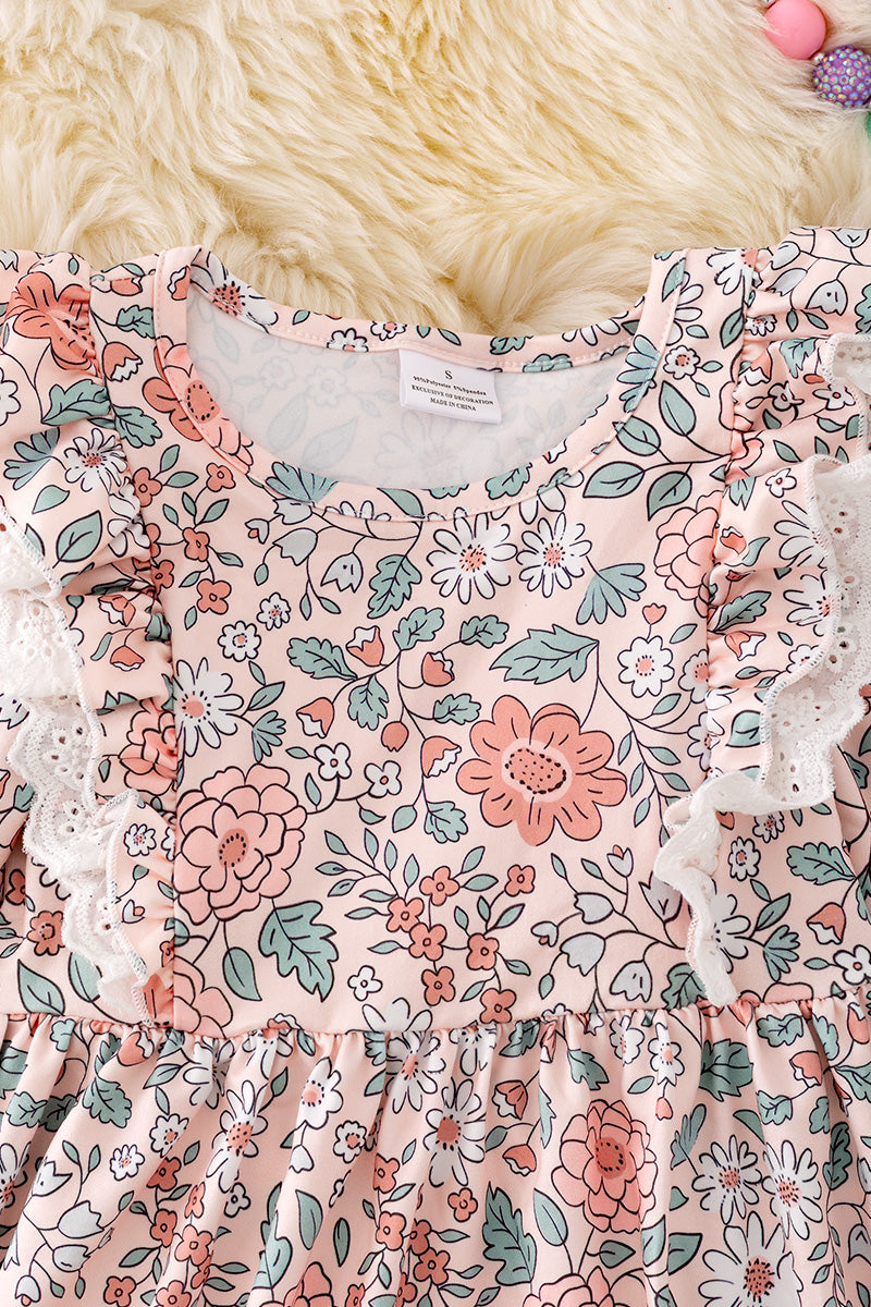 Floral Printed Long Sleeve Dress w/ Teal Detail