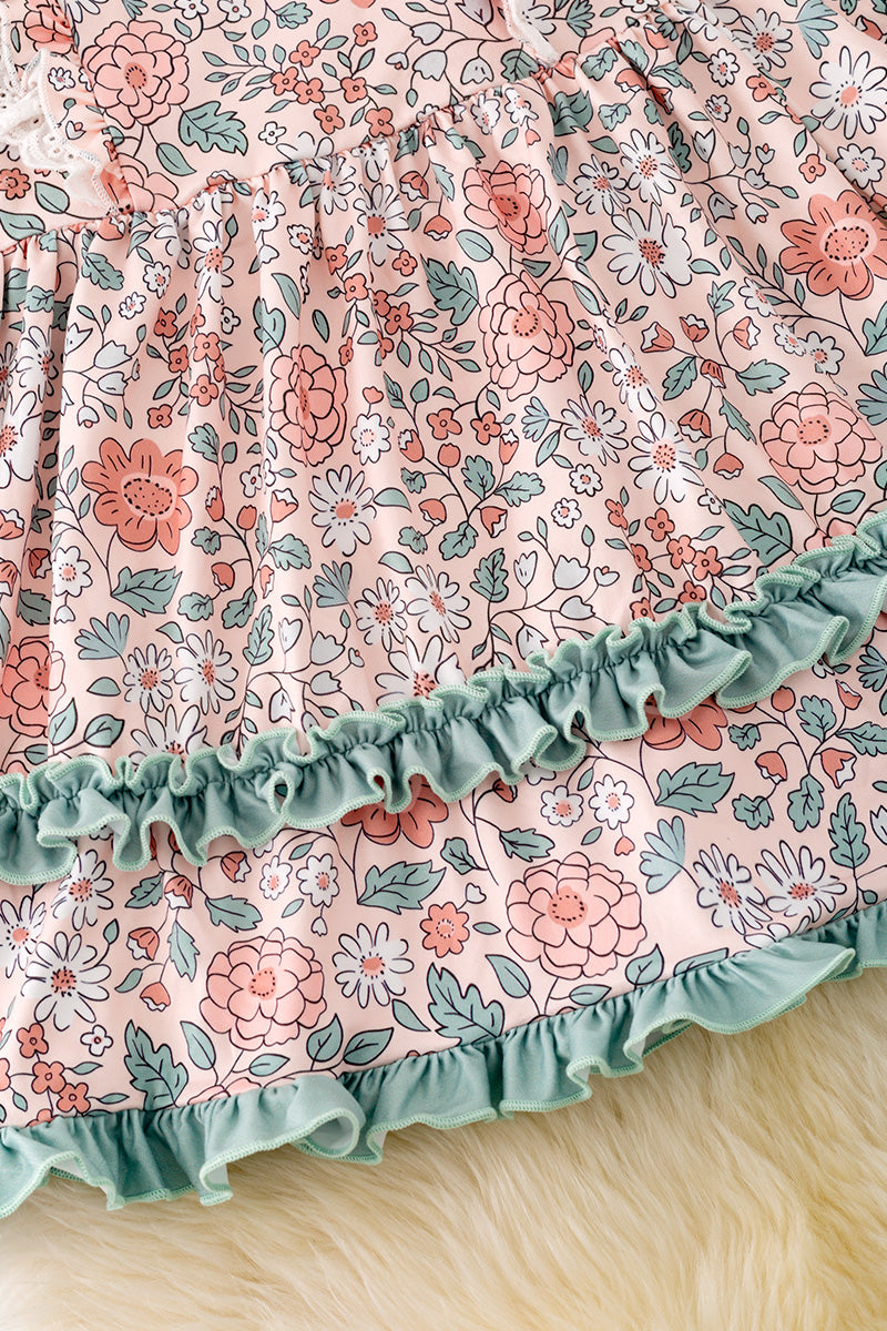 Floral Printed Long Sleeve Dress w/ Teal Detail