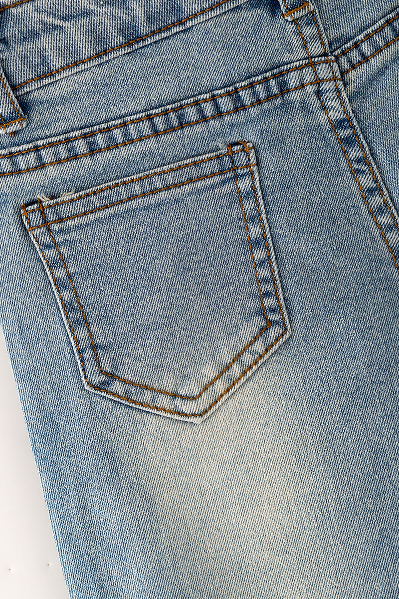 Navy blue embroidered hem denim pants. PNG60325 AMY