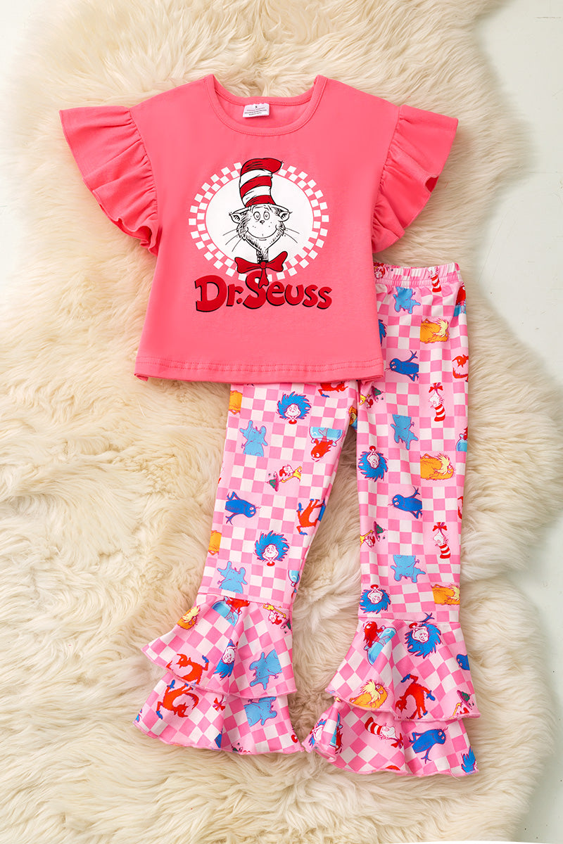 Pink ruffle sleeve Dr. S multi printed 2 piece set