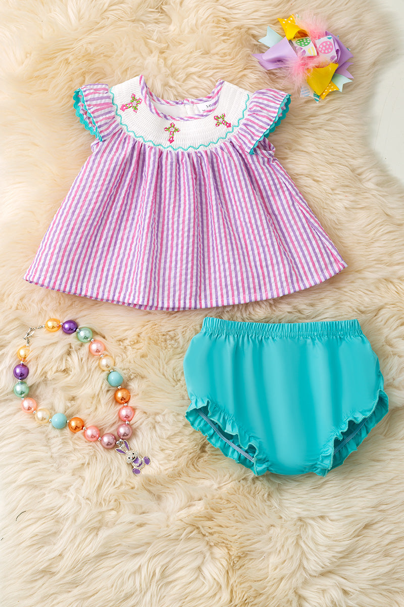 Cross embroidery smock neckline baby tunic & bloomers.
