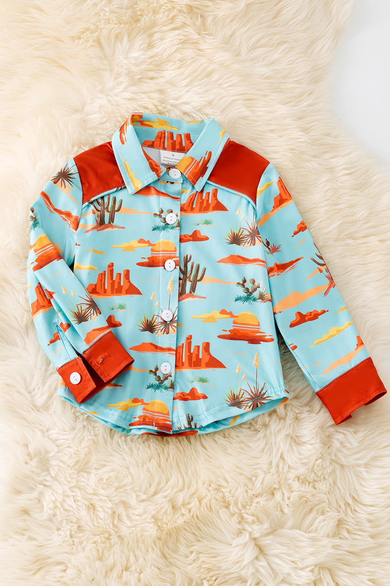 Brown & aqua boys dessert cactus printed button long shirt.(Western) TPG50652