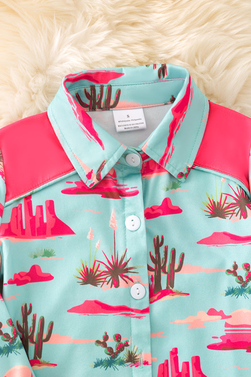 Pink & aqua dessert cactus printed button long shirt.(Western)