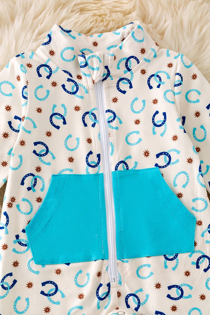 Blue Horse shoe printed baby bodysuit w/snapps & zipper. (WESTERN) RPG51316