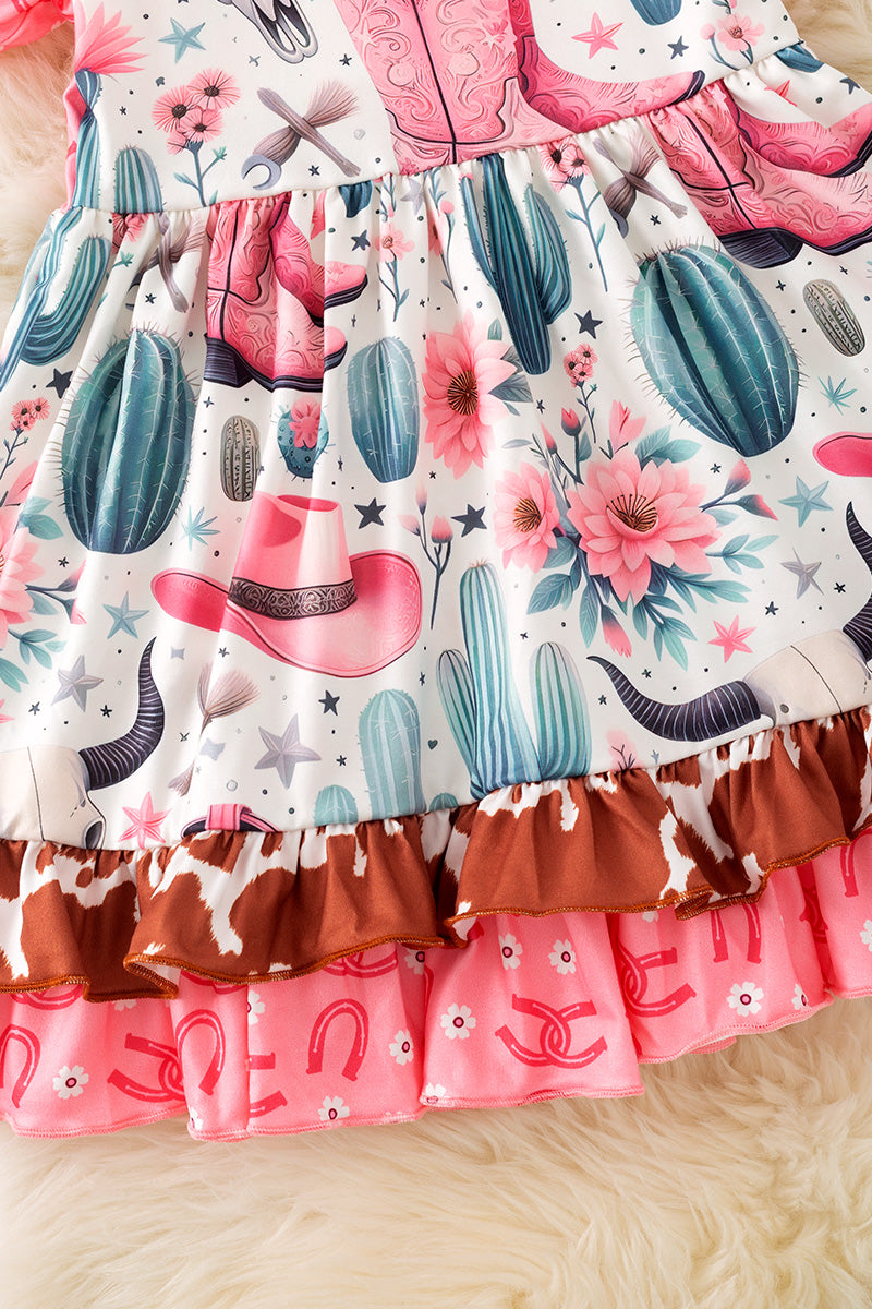 Wild west multi printed dress with bubble sleeve.