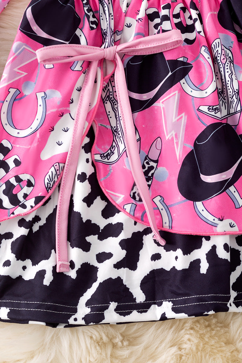 Cowgirls fuchsia printed dress with bell sleeves. DRG20009