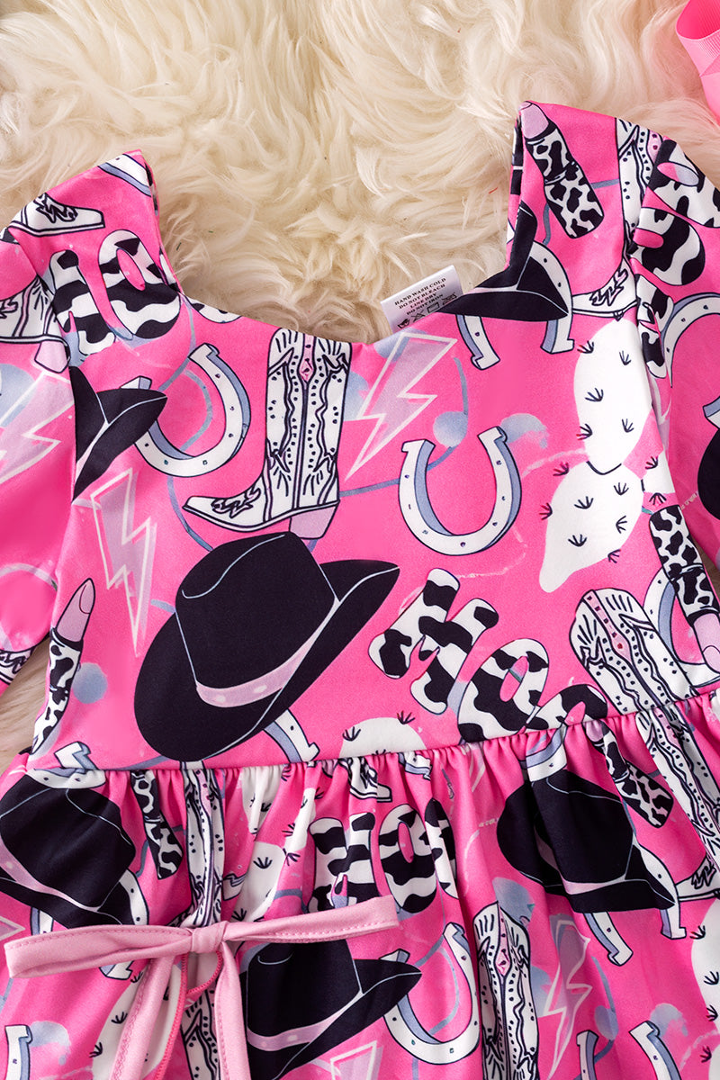 Cowgirls fuchsia printed dress with bell sleeves. DRG20009