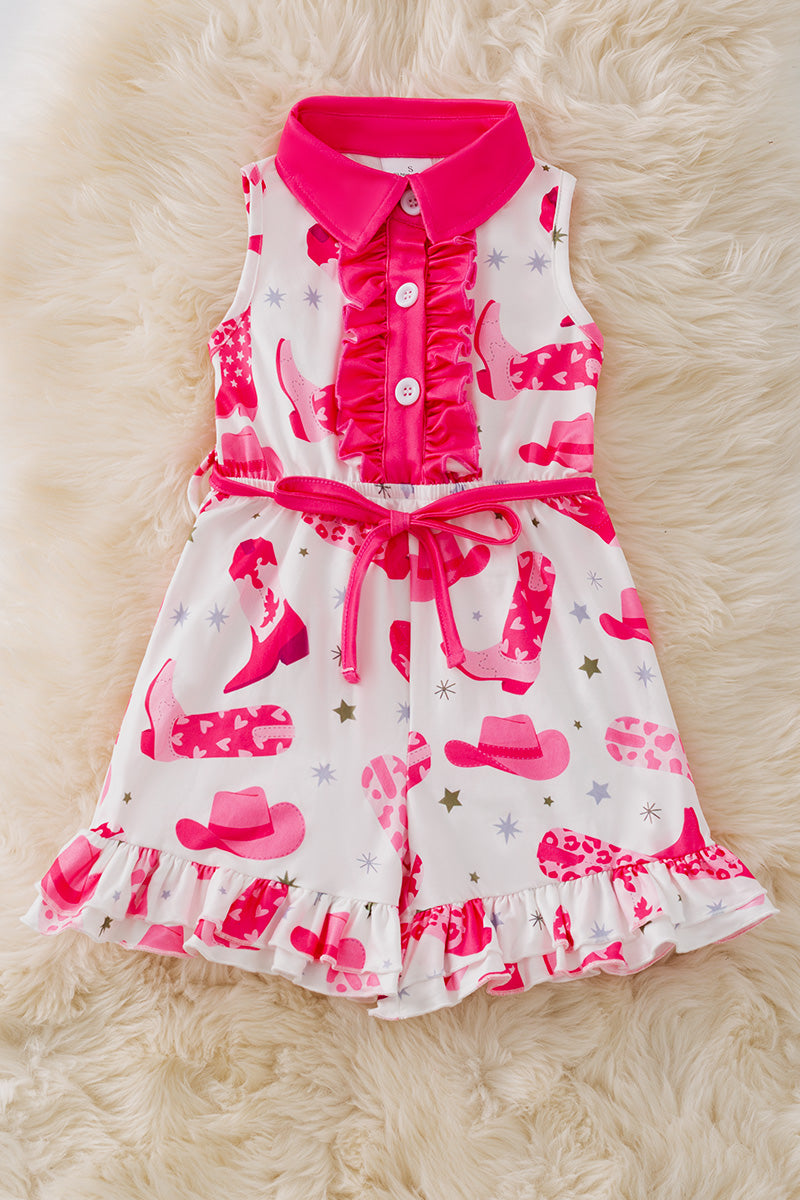 Western on white printed girls short romper. PNG20006