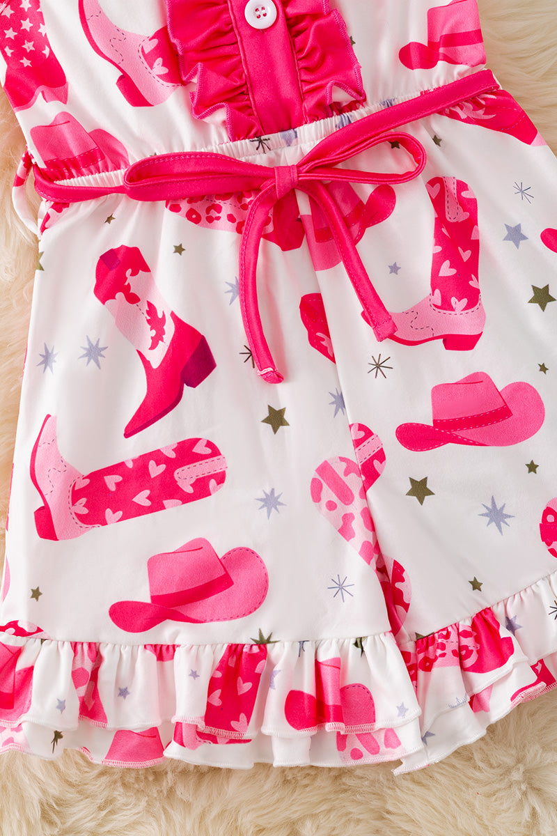 Western on white printed girls short romper. PNG20006