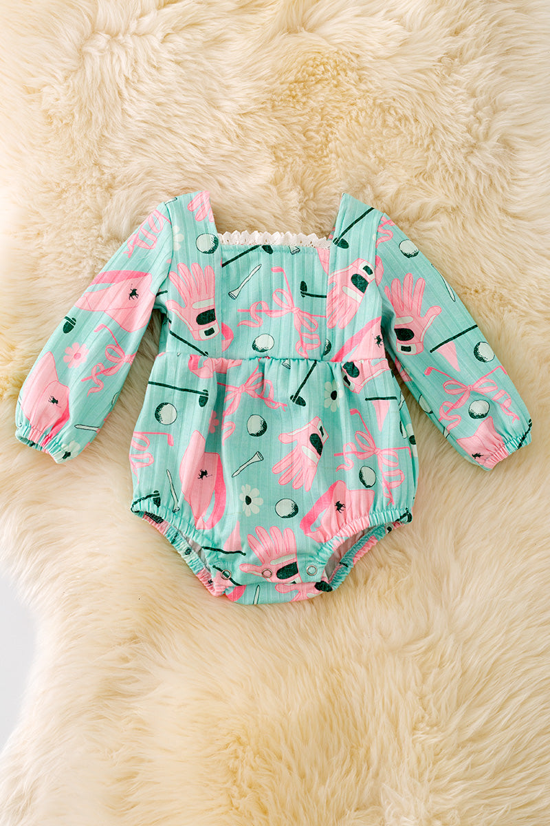 Golf car printed on mint onesie.