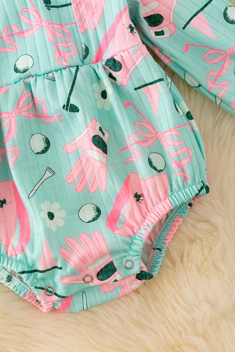 Golf car printed on mint onesie.