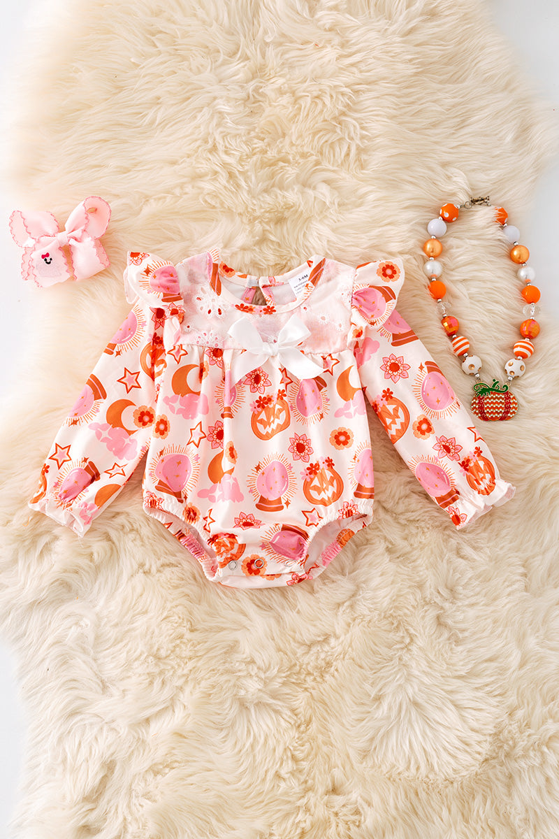 Mad pumpkin printed bubble baby onesie with embroidery.