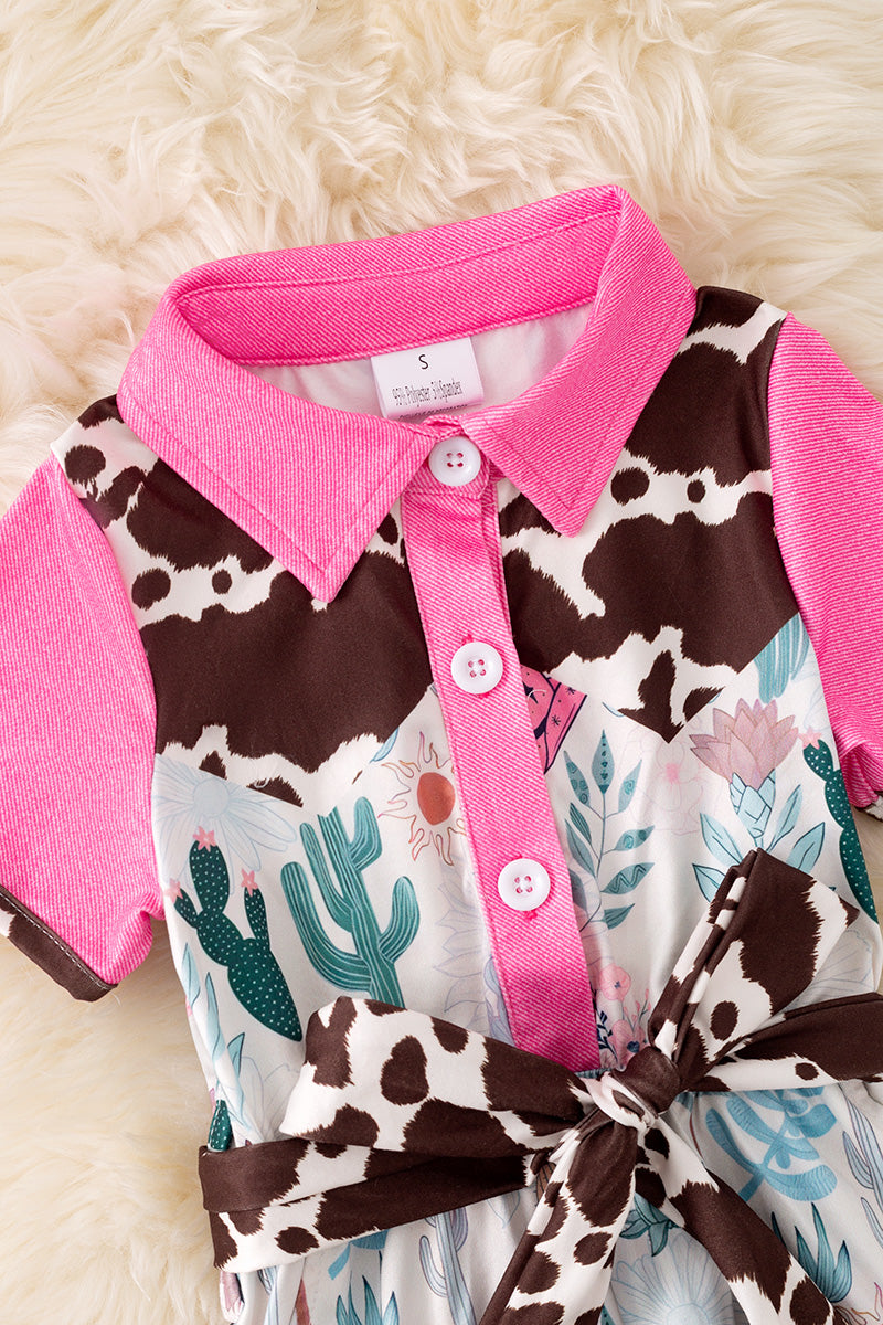 Cow printed and fuchsia trim girls jumpsuit.