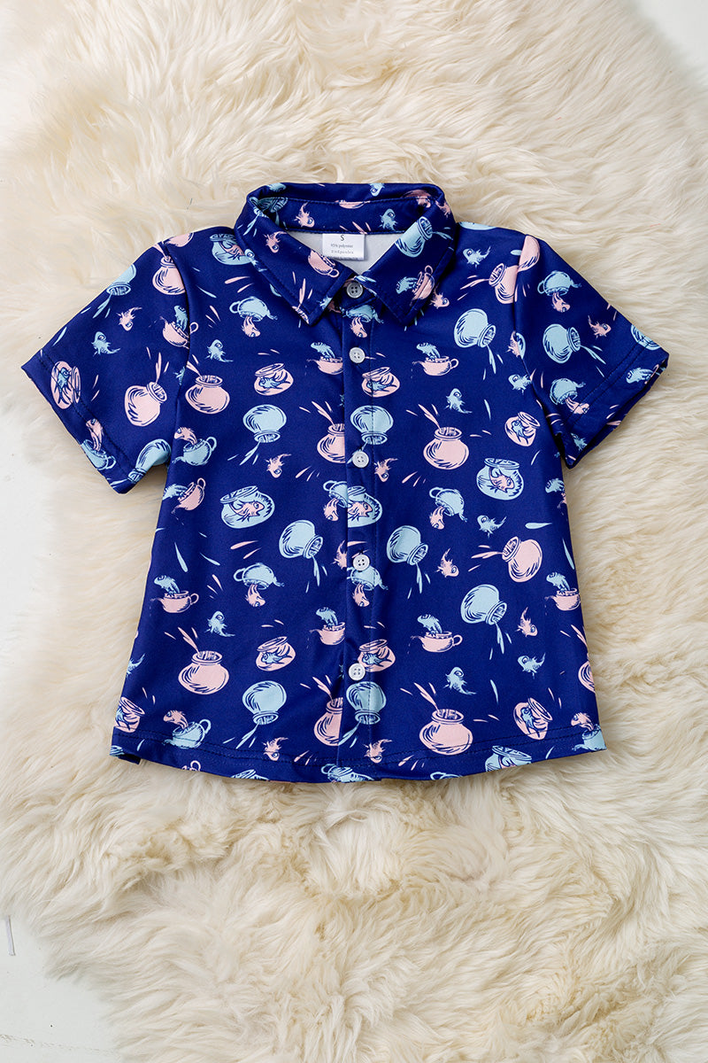 Dr. S navy blue button up shirt with collar.