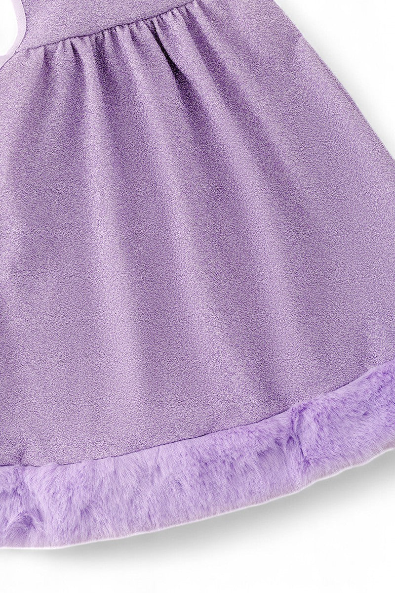 Lilah dress made with shimmery fabric & faux fur trim.