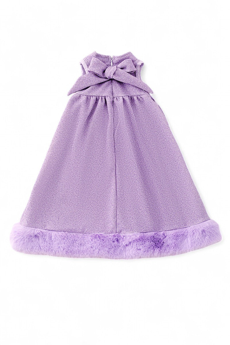 Lilah dress made with shimmery fabric & faux fur trim.