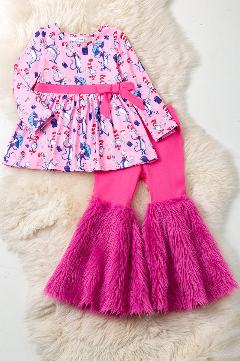 Cute Dr.S character printed girls tunic and faux fur bells.
