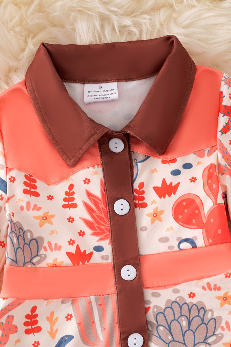 Orange western pattern printed girls dress. DRG52884
