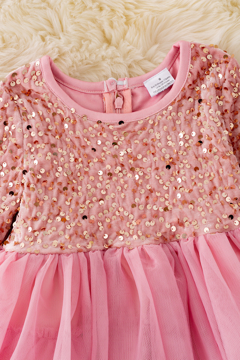 Pink Sequin Dress w/ Tiered Tulle Skirt