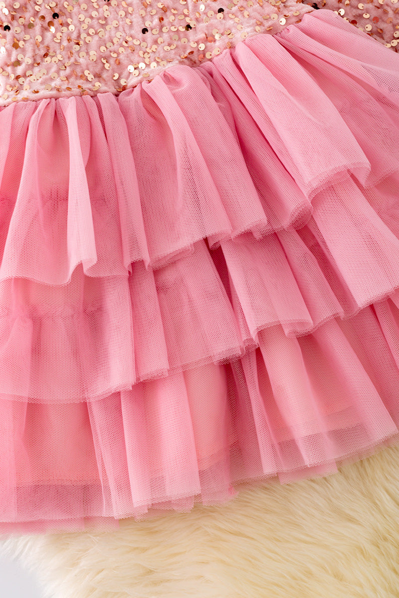 Pink Sequin Dress w/ Tiered Tulle Skirt