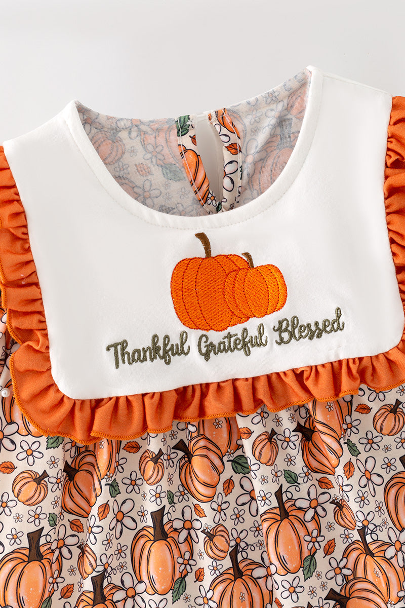 Thankful grateful Blessed" Embroidered dress w/pumpkin print. DRG65300 Mon