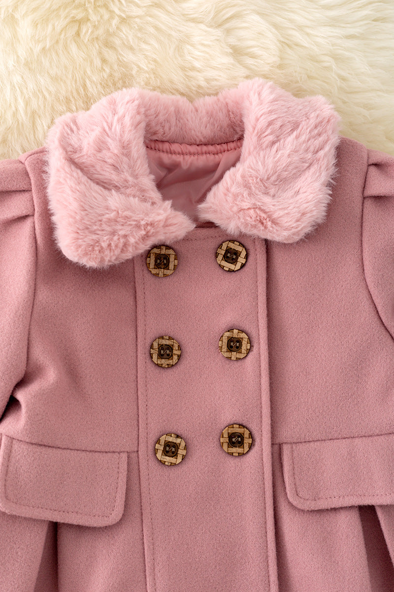 Pleated blush jacket with fur collar.