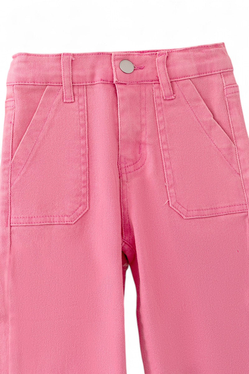 Pink denim pants wide leg jeans with pack pockets.