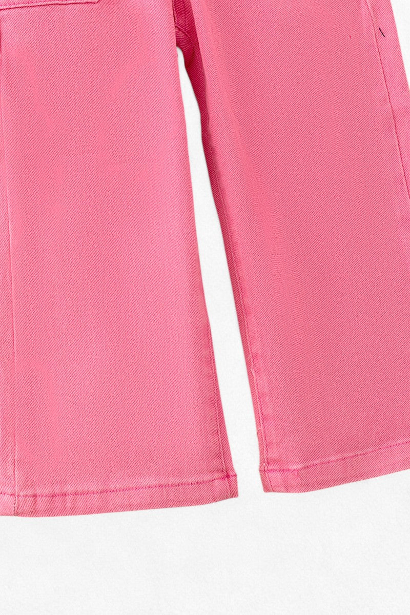 Pink denim pants wide leg jeans with pack pockets.